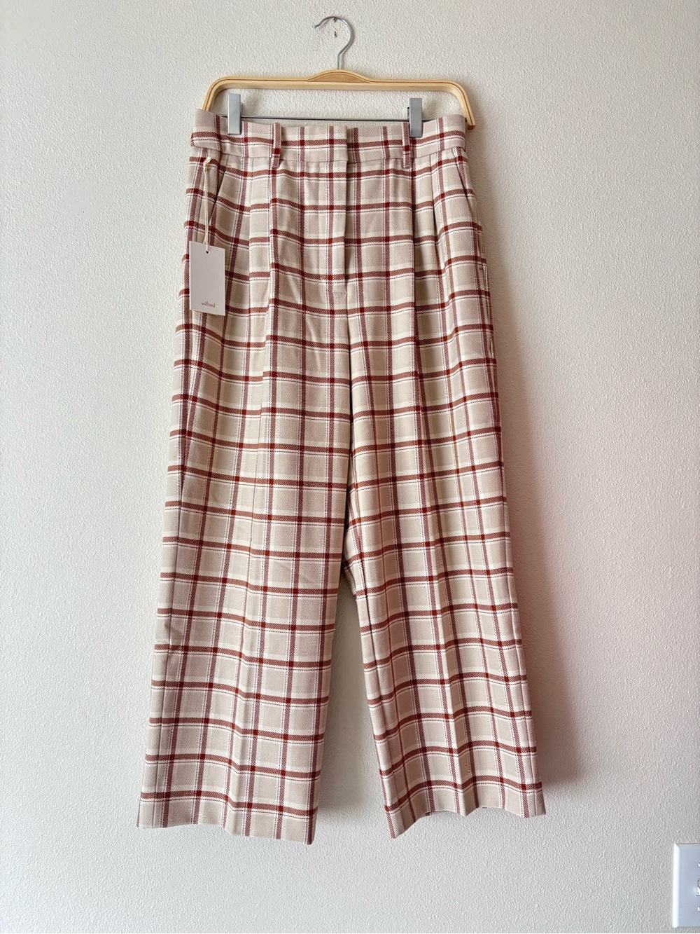 NWT Wilfred The Effortless Plaid Wide-Leg Pants in Cream & Red Size 8